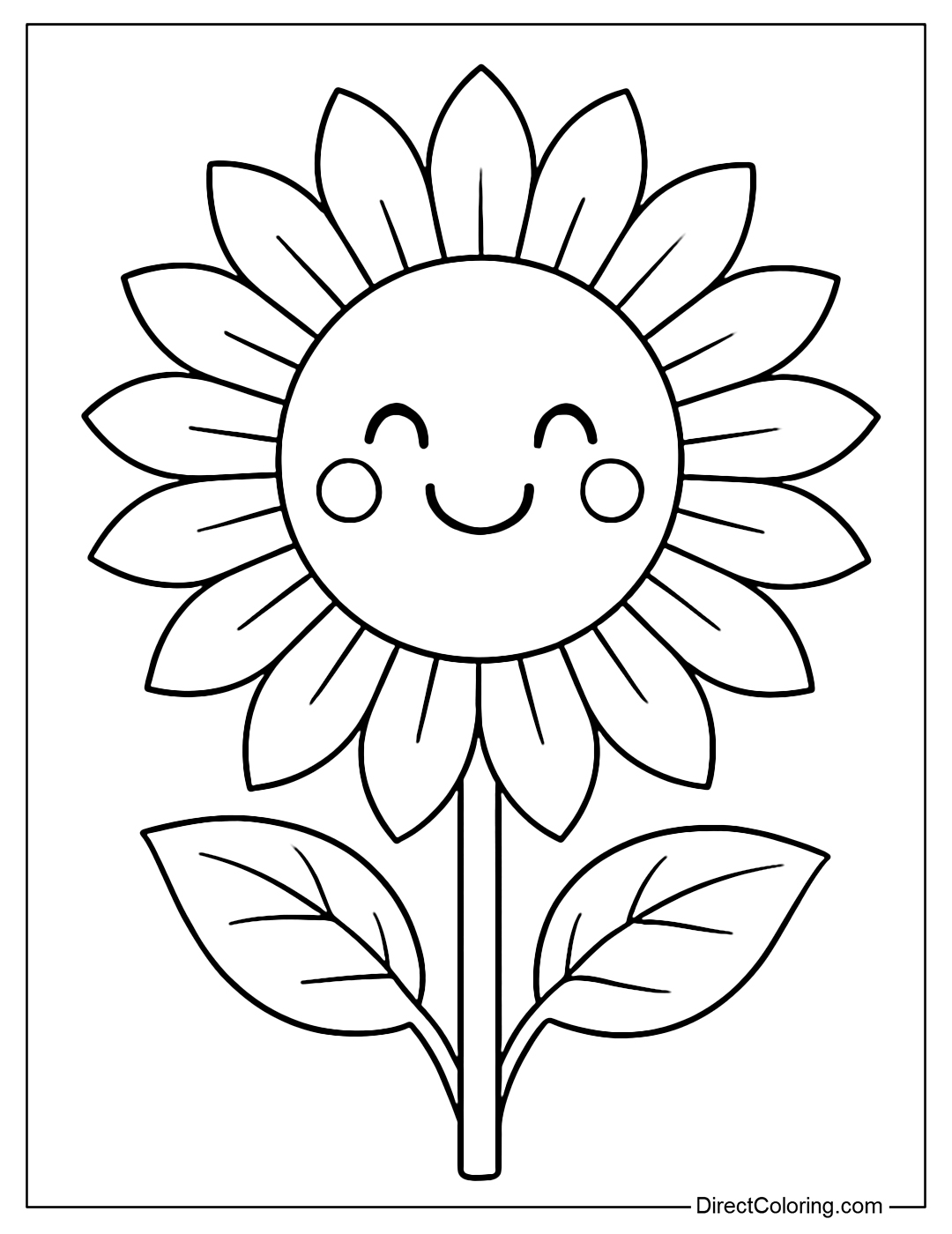 Big blooming sunflower coloring page with a cute smiling face in the middle.